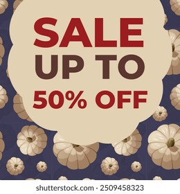 Post design with pumpkin pattern on background. Social media post on the theme of autumn sale