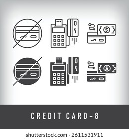 Post device card pass, card money change and unused credit card design. Simple linear and flat credit card icon set.