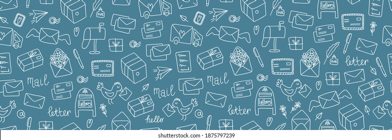 Post doodle web banner. Hand drawn cute mails and letters, documents, package and envelope, vintage correspondence, delivery service and post office white vector elements on blue horizontal background