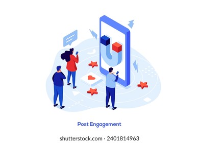 Isomometrisches Postengagement Konzept, Vektorgrafik. Social-Media-Posting, Erstellen von ansprechenden Post, Generieren von Engagement, Folter-Interaktion, interaktive Inhalte, fragen Sie Abstrakte-Metapher Abonnenten.