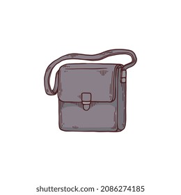 Post or envelope bag with shoulder strap, cartoon hand drawn vector illustration isolated on white background. Small womens shoulder bag symbol of leather haberdashery.