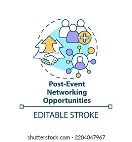 Post event networking opportunities concept icon. Planning small event abstract idea thin line illustration. Isolated outline drawing. Editable stroke. Arial, Myriad Pro-Bold fonts used