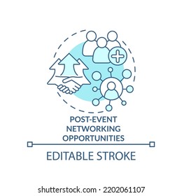 Post event networking opportunities turquoise concept icon. Planning small event abstract idea thin line illustration. Isolated outline drawing. Editable stroke. Arial, Myriad Pro-Bold fonts used