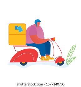 Post Express Delivery Service Concept. Male Postman Character Wearing Helmet Shipping Parcels and Mail by Scooter. Courier Man Carry Box Delivery Packages to Address. Cartoon Flat Vector Illustration