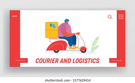 Post Express Delivery Service Website Landing Page. Postman Shipping Parcels and Mail by Scooter. Courier Man Carry Box Delivery Packages to Address Web Page Banner. Cartoon Flat Vector Illustration