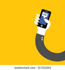 post facebook application phone in hand of businessman on yellow background vector