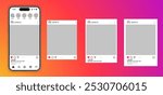 Post feed frame mockup with smartphone Iphone mock up template design, social media carousel post template, mobile app scroll frame different pages