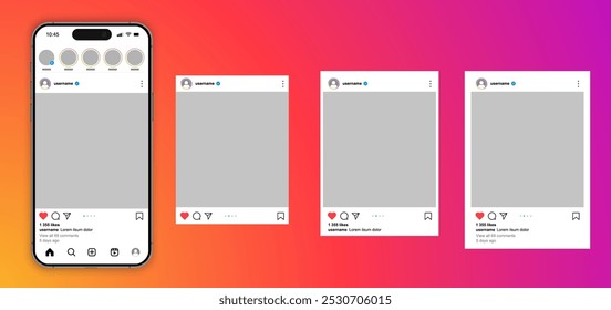 Post feed frame mockup with smartphone Iphone mock up template design, social media carousel post template, mobile app scroll frame different pages