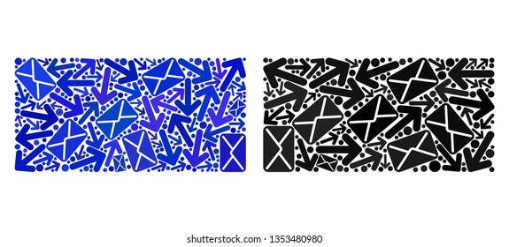 Post filled rectangle icon mosaic of envelopes and arrows with blue color. Abstract vector filled rectangle illustration is composed with mail motion symbols.