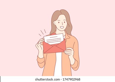 Post, gift, advertising, promotion concept. Young happy woman girl cartoon character holds red envelope with letter. Giving voucher card and promotion strategy or discount coupon gifting certificate.