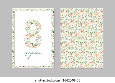 Post greeting card, March 8 in Russian. With an ornament of flowers and plants. For greeting cards, celebration, international women's day.