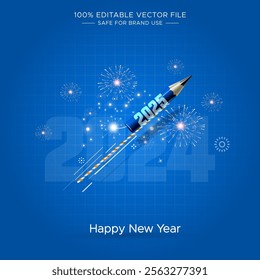 Post for Happy New Year 2025 celebration. Fireworks on night blue background.