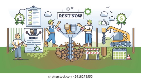 Post hole digger rental service for land drilling tasks outline concept. Professional heavy machinery rent option for land, ground or soil work vector illustration. Construction site equipment offers