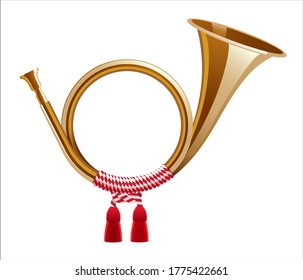 Post horn with red and white ribbon. Wind musical instrument. Vector illustration.