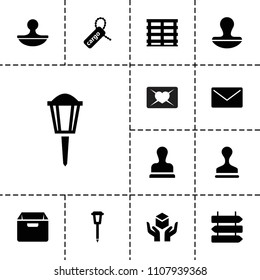 Post icon. collection of 13 post filled icons such as direction   isolated, stamp, street lamp, cargo box, cargo tag, mail, box. editable post icons for web and mobile.