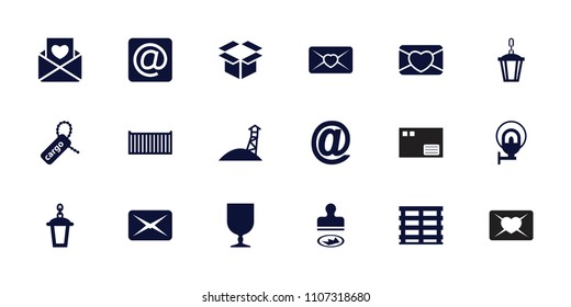 Post icon. collection of 18 post filled icons such as street lamp, cargo box, cargo tag, fragile cargo, love letter, at mail. editable post icons for web and mobile.