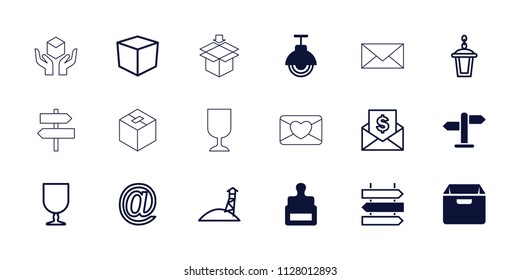 Post icon. collection of 18 post filled and outline icons such as stamp, street lamp, direction, box, fragile cargo, at mail. editable post icons for web and mobile.