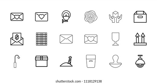 Post icon. collection of 18 post outline icons such as box, love letter, cargo arrow up, street lamp, envelope with dollar bill. editable post icons for web and mobile.