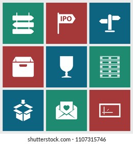 Post icon. collection of 9 post filled icons such as direction   isolated, fragile cargo, love letter, direction, parcel, box. editable post icons for web and mobile.