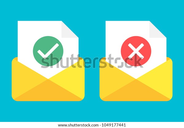 Post icon. Letter. Envelope with document and\
round green check mark icon and red check mark icon . Successful\
e-mail delivery, email delivery confirmation, successful\
verification concepts