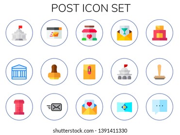 post icon set. 15 flat post icons.  Collection Of - government, british museum, mailing, stamp, stand, mail, invitation, post office, letterbox, email, love letter, move, comment