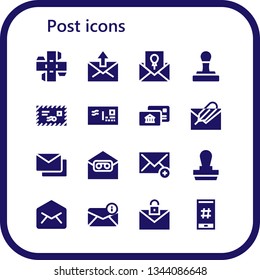 post icon set. 16 filled post icons.  Collection Of - Box, Mail, Invitation, Stamp, Envelope, Postal, Email, Mails, Hashtag