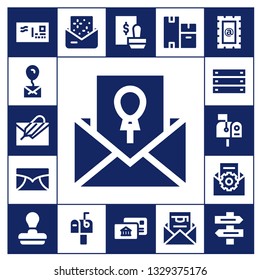 post icon set. 17 filled post icons.  Collection Of - Envelope, Mail, Email, Invitation, Box, Mailbox, Stamp, Postal, Boxes, Direction sign