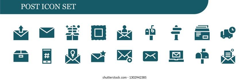  post icon set. 18 filled post icons.  Simple modern icons about  - Email, Mail, Box, Stamp, Mailbox, Sign Post, Envelope, Delivery, Hashtag, Invitation