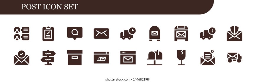 post icon set. 18 filled post icons.  Collection Of - Comments, Delivery, Comment, Email, Mailbox, Mail, Signpost, Box, Mailing, Fragile, Mail truck