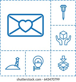 Post icon. set of 6 post outline icons such as street lamp, handle with care, box, love letter
