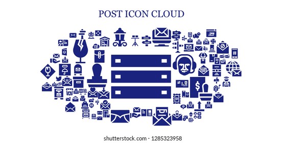  post icon set. 93 filled post icons. Simple modern icons about  - Box, Stand, Sign Post, Street lamp, Direction sign, Email, Postcard, Invitation, Mail, Electric tower, Move