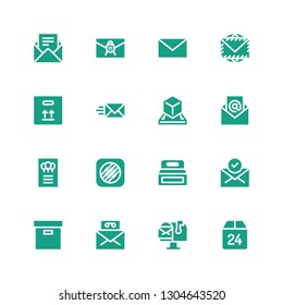post icon set. Collection of 16 filled post icons included Box, Mail box, Mail, Music memos, Invitation, Email, Envelope