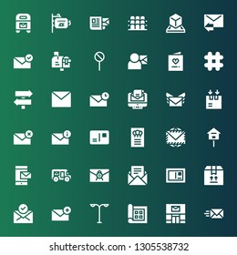 post icon set. Collection of 36 filled post icons included Email, Post office, Display, Street light, Mail, Box, Postcard, Mail truck, Mailbox, Envelope, Invitation, Sign