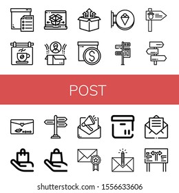 post icon set. Collection of Box, Signboard, Shipping and delivery, Signpost, Road sign, Love letter, Handle with care, Email, Envelope icons