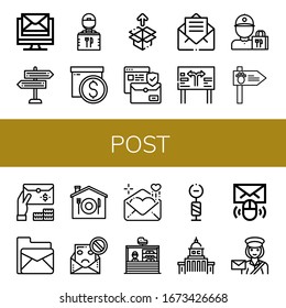 post icon set. Collection of Email, Signpost, Delivery guy, Box, Unboxing, Road sign, Home delivery, Spam, Love letter, Stand, Government, Postwoman icons