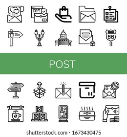 conjunto de iconos de publicación. Colección de cartas de amor, señalización de carretera, correo electrónico, lámpara de calle, Manejo con cuidado, Gobierno, Nota adhesiva, Señal, Cartel, Desboxeo, Cajas, Sobre, Iconos de guía