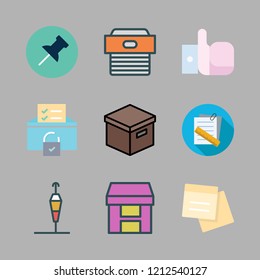 post icon set. vector set about note, mail, push pin and box icons set.