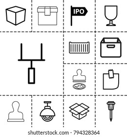 Post icons. set of 13 editable outline post icons such as direction, box, street lamp, cargo box, fragile cargo, glued note, goal post