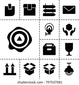 Post icons. set of 13 editable filled post icons such as direction   isolated, box, cargo arrow up, fragile cargo, handle with care, arrow up, mail, glued note