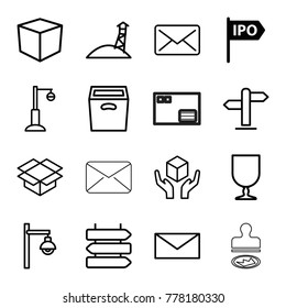 Post icons. set of 16 editable outline post icons such as direction, direction   isolated, mail, box, street lamp, fragile cargo, handle with care, observation military tower