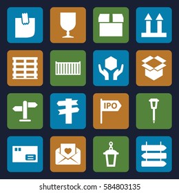 post icons set. Set of 16 post filled icons such as direction   isolated, street lamp, cargo box, cargo arrow up, fragile cargo, handle with care, box, love letter, glued note