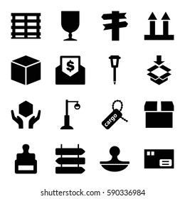 post icons set. Set of 16 post filled icons such as direction   isolated, stamp, street lamp, cargo box, cargo tag, handle with care, box, envelope with dollar bill, direction