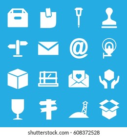 Post icons set. set of 16 post filled icons such as parcel, mail, stamp, street lamp, fragile cargo, handle with care, box, love letter, glued note, direction