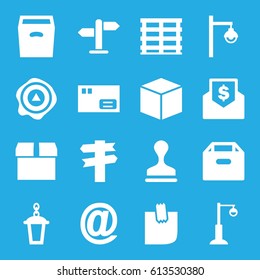 Post icons set. set of 16 post filled icons such as stamp, street lamp, cargo box, arrow up, box, glued note, direction, envelope with dollar bill, parcel