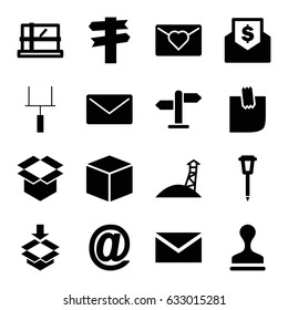 Post icons set. set of 16 post filled icons such as parcel, mail, stamp, street lamp, box, glued note, goal post, direction, observation military tower
