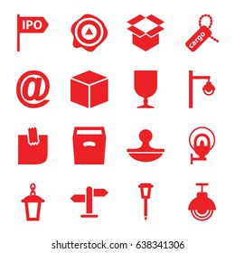 Post icons set. set of 16 post filled icons such as street lamp, cargo tag, fragile cargo, box, arrow up, glued note, stamp, direction