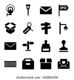Post icons set. set of 16 post filled icons such as stamp, mail, street lamp, cargo box, cargo tag, box, love letter