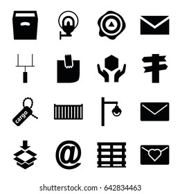 Post icons set. set of 16 post filled icons such as mail, cargo box, cargo tag, handle with care, arrow up, box, glued note, street lamp, goal post, direction, love letter
