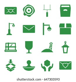 Post icons set. set of 16 post filled icons such as parcel, street lamp, fragile cargo, handle with care, arrow up, box, love letter, stamp, goal post