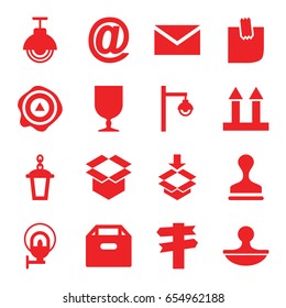 Post icons set. set of 16 post filled icons such as mail, stamp, street lamp, cargo arrow up, fragile cargo, box, arrow up, glued note, direction